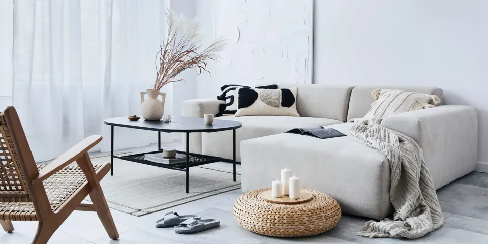 Bright living room with a white sofa
