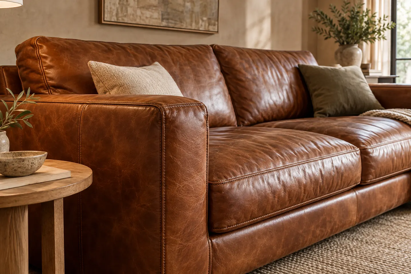 Cognac leather sofa with visible grain and stitched seams, illustrative image