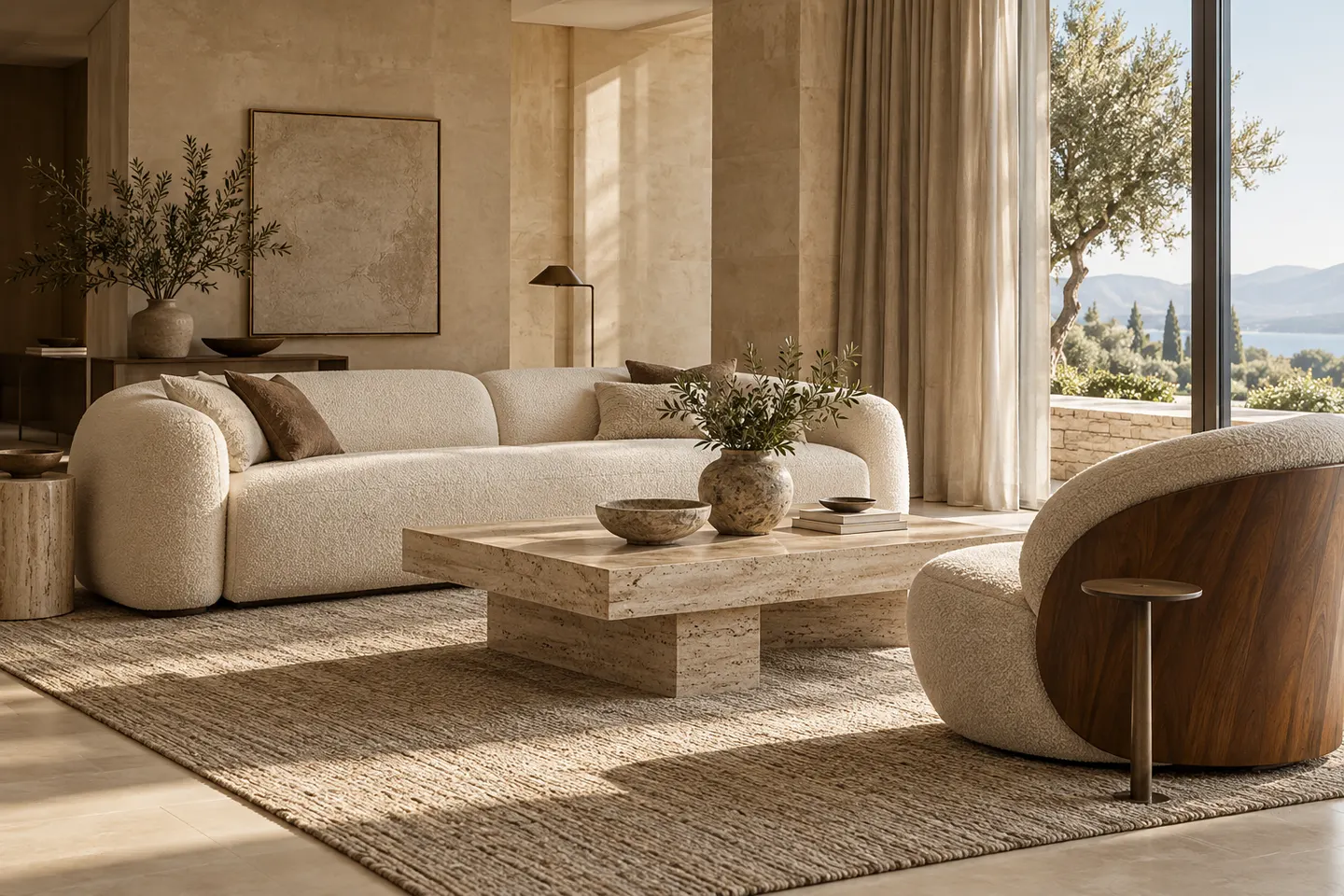 Sculptural designer sofa, walnut lounge chair and travertine table, illustrative image