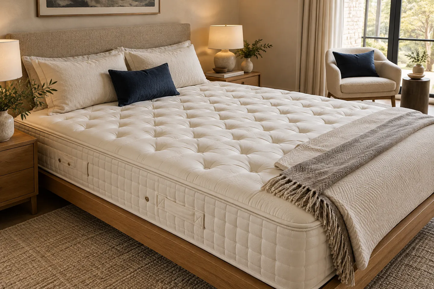 Mattress in a bright bedroom, illustrative image