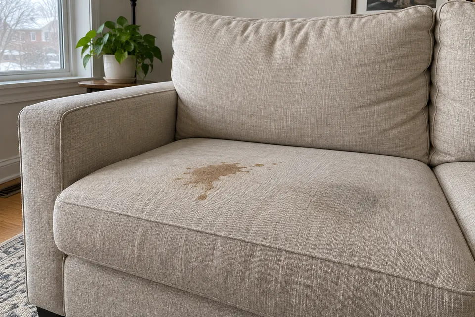 Coffee marks on woven upholstery - before - AI-created illustration